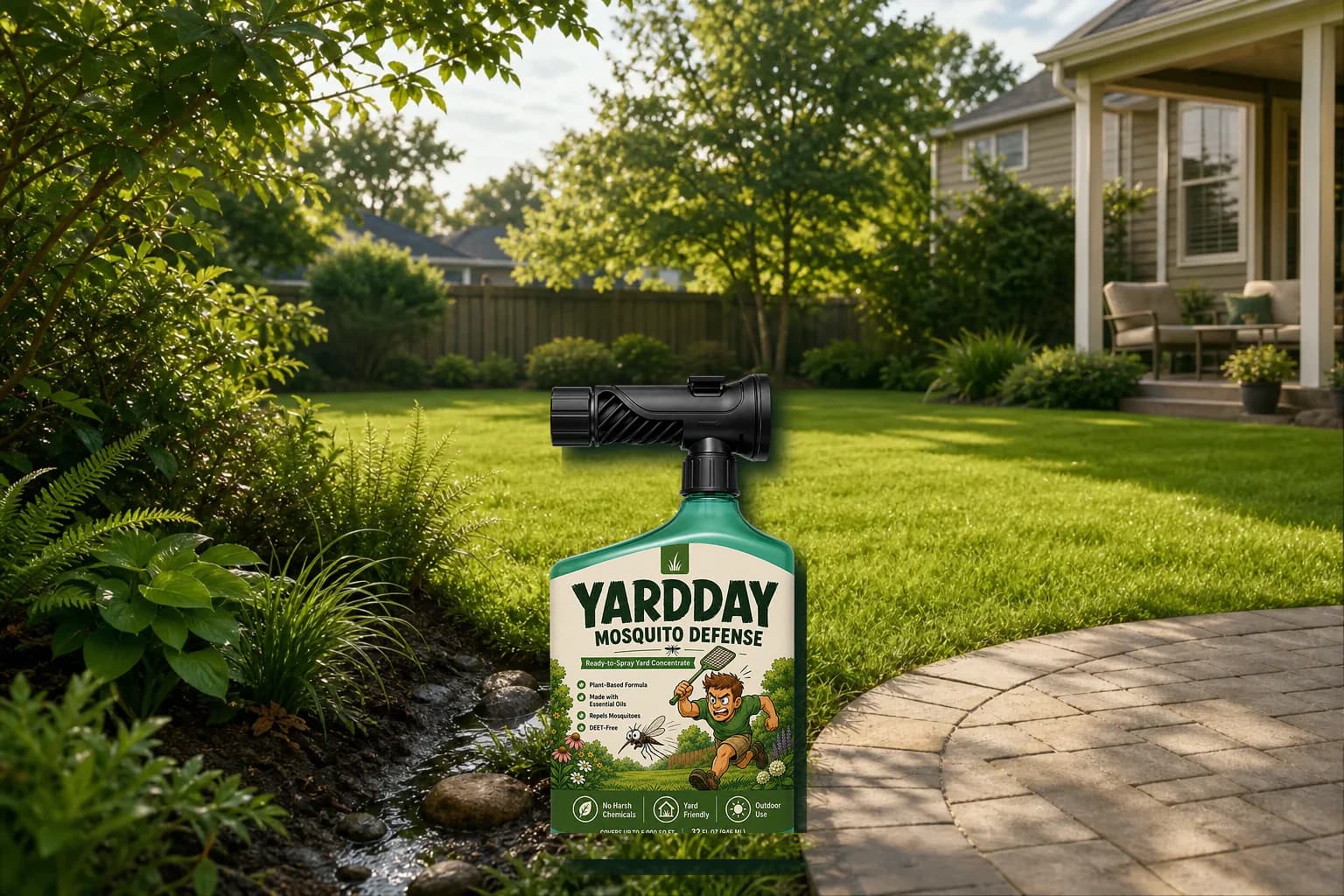 YardDay Mosquito Defense hose-end bottle grounded in a backyard scene
