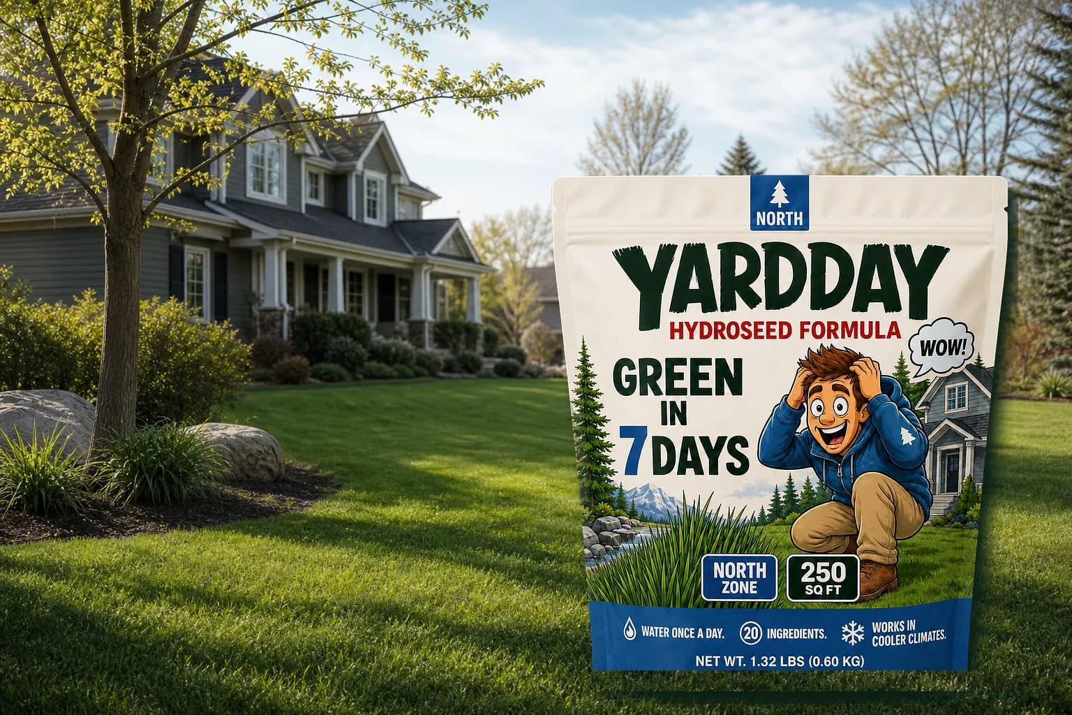 North Hydroseed package grounded in a residential outdoor setting
