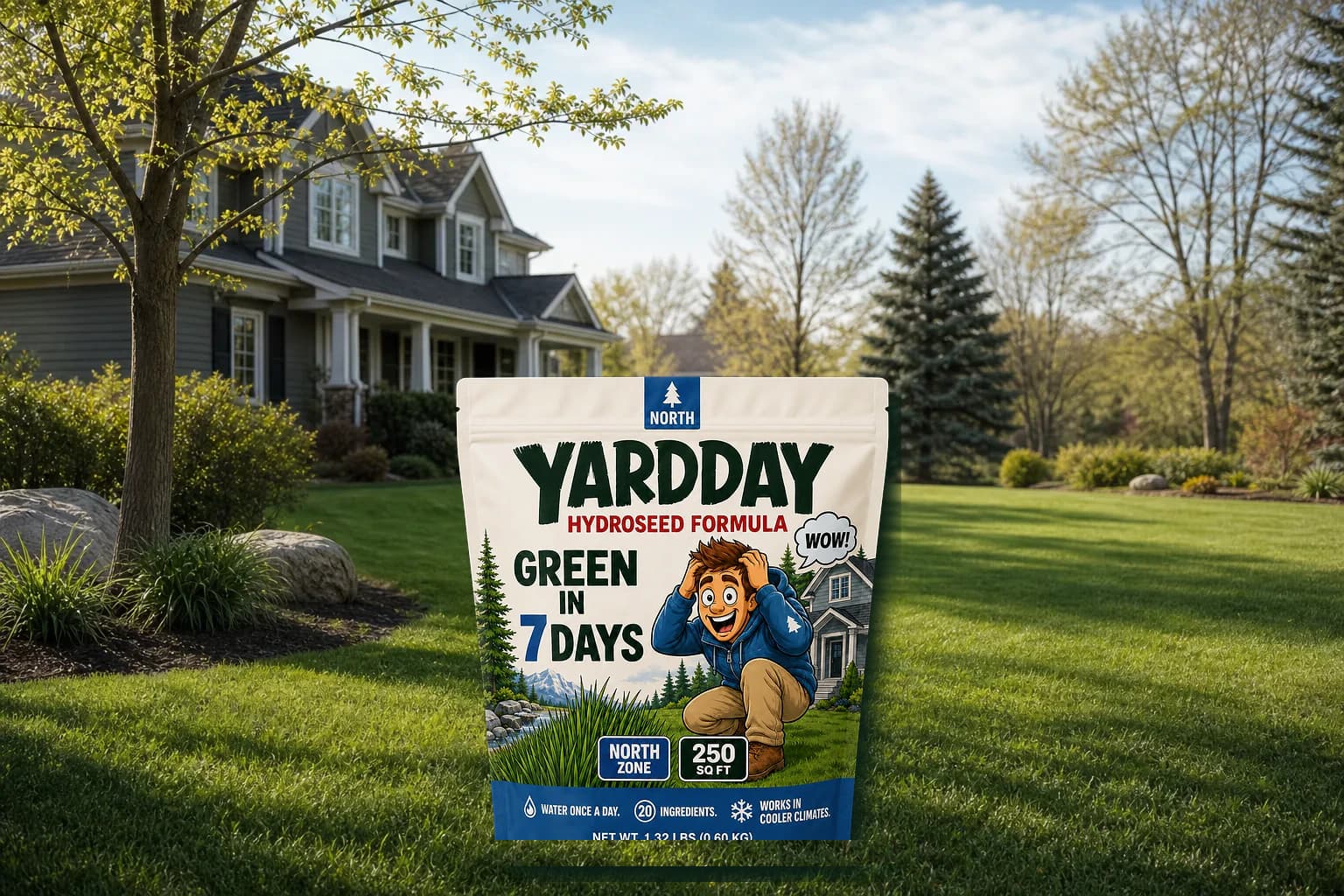 YardDay North Hydroseed pouch grounded in a cool-season lawn scene