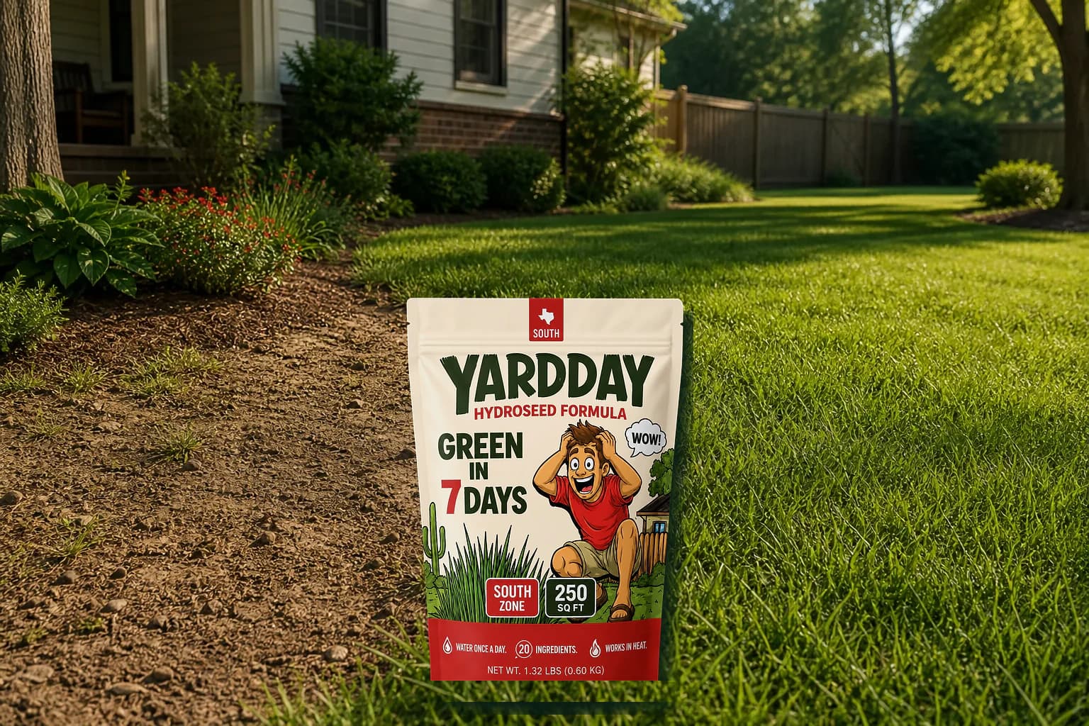 YardDay South Hydroseed Starter pouch grounded in a warm-season lawn repair scene