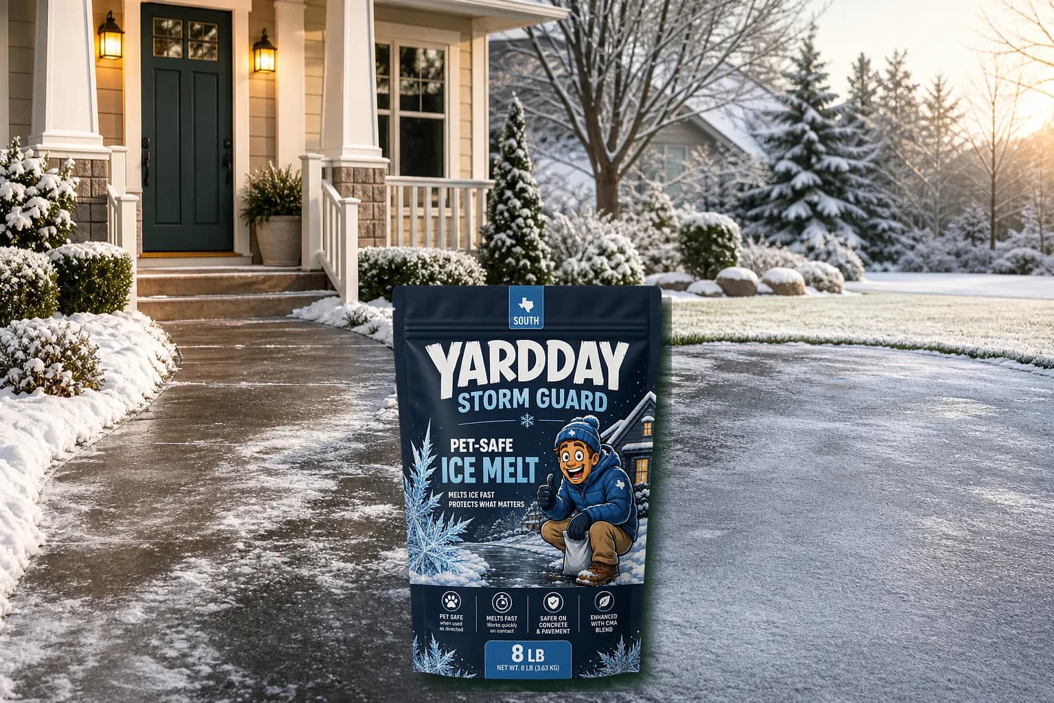 YardDay Storm Guard Ice Melt pouch grounded beside a winter walkway