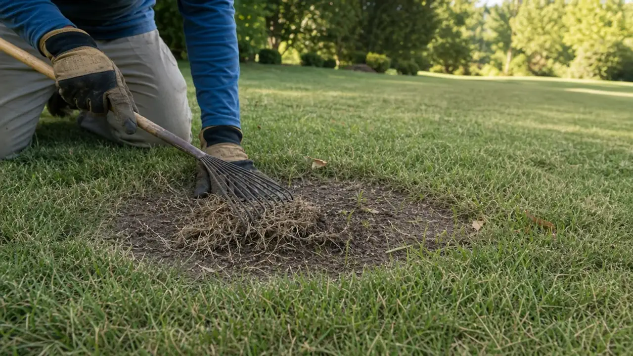 Homeowner removing thatch from a small bare lawn patch