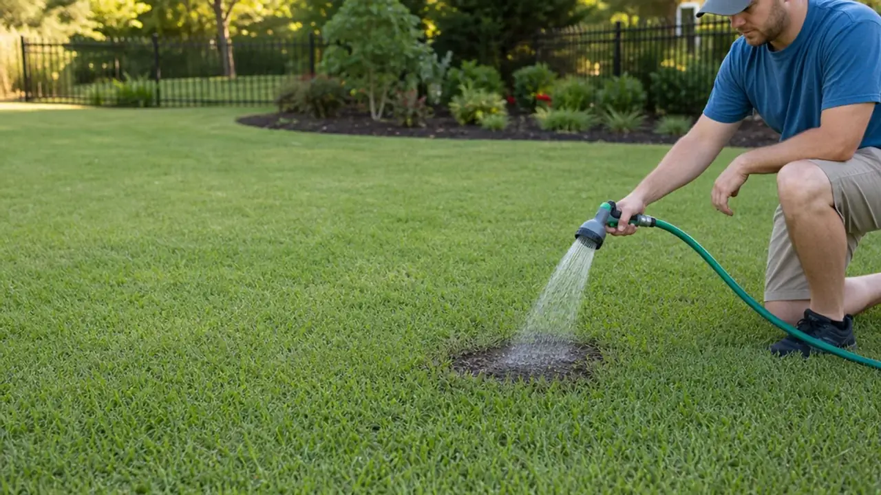 Homeowner gently watering a small repaired lawn patch