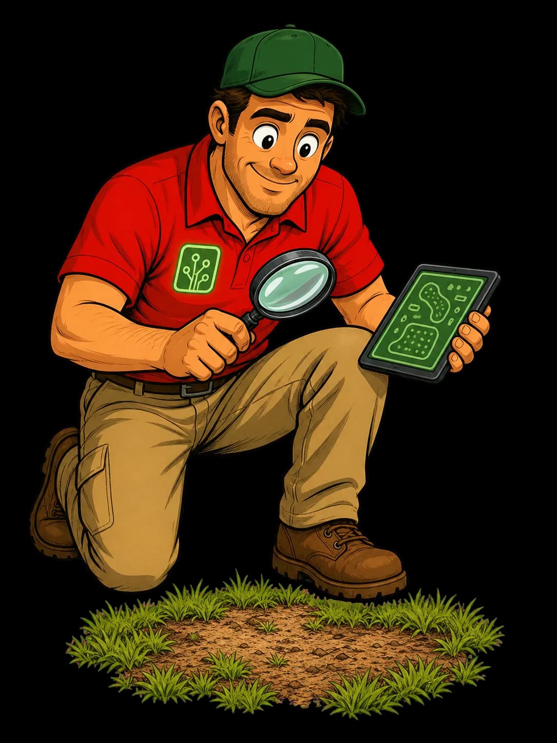 Patch, YardDay's illustrated AI turf specialist, inspecting a bare lawn area