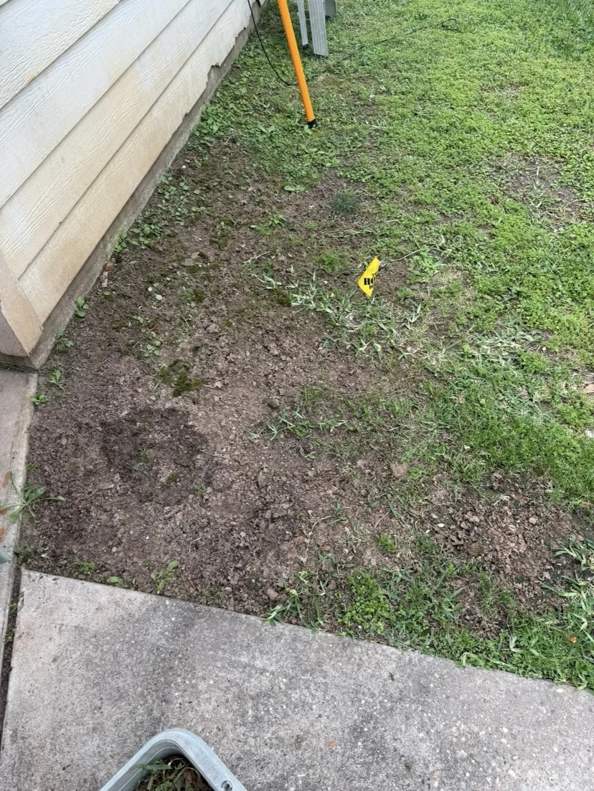 Real YardDay internal Day 0 photo showing an irregular bare area near a house