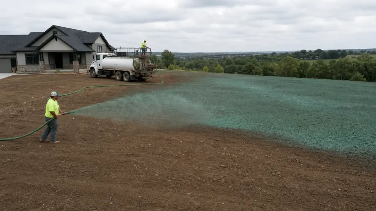 Professional crew hydroseeding a large graded residential site