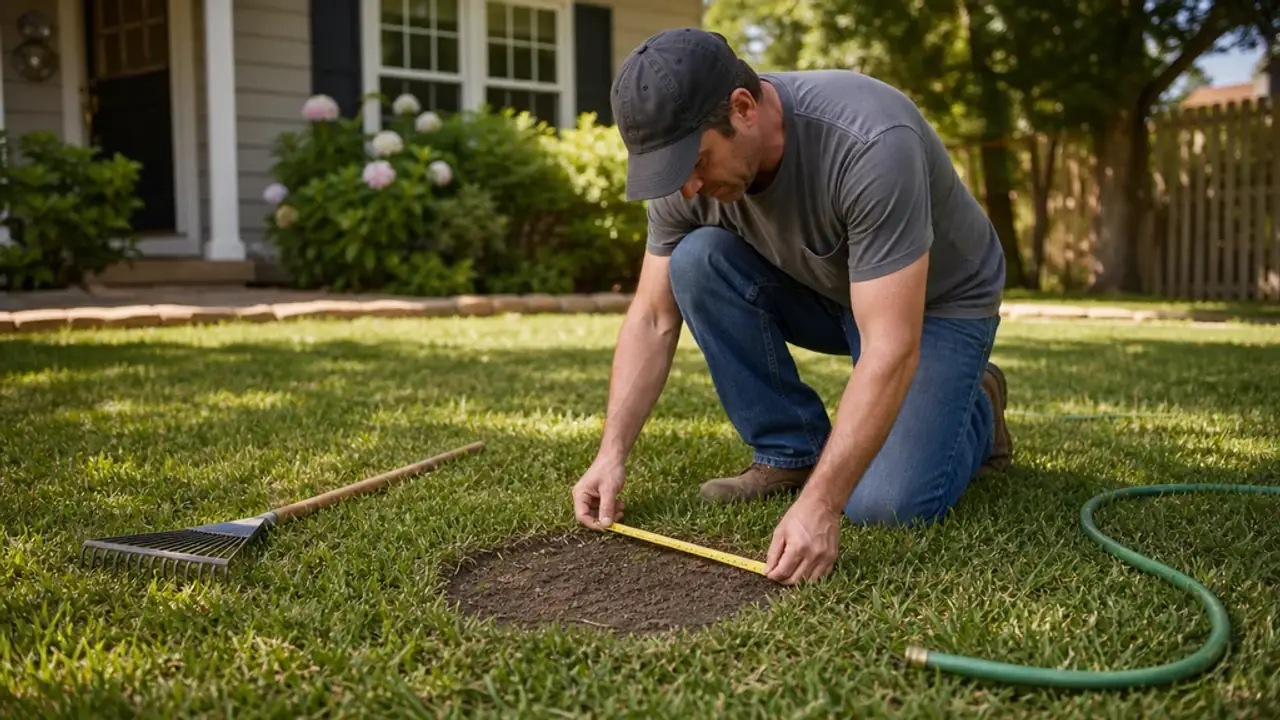 Homeowner measuring a small bare lawn patch
