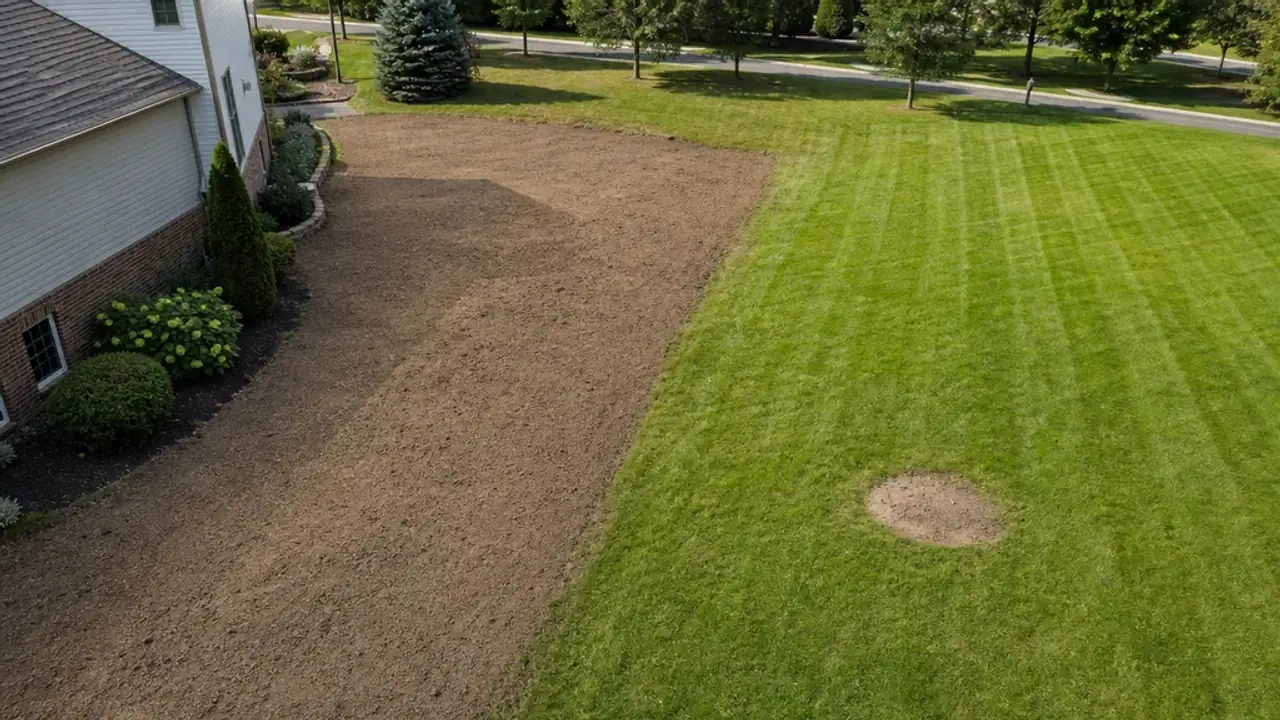Residential property showing a large bare area and a small isolated patch