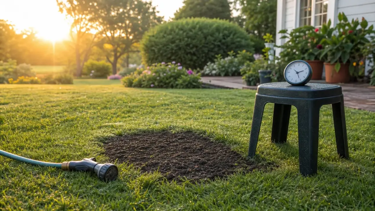 Garden hose and analog clock beside a small lawn patch