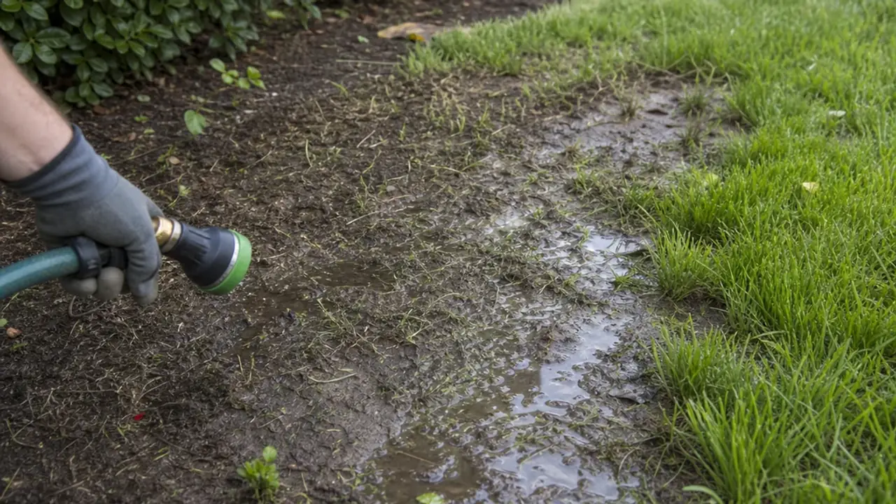 Overwatered bare lawn patch with shallow puddling
