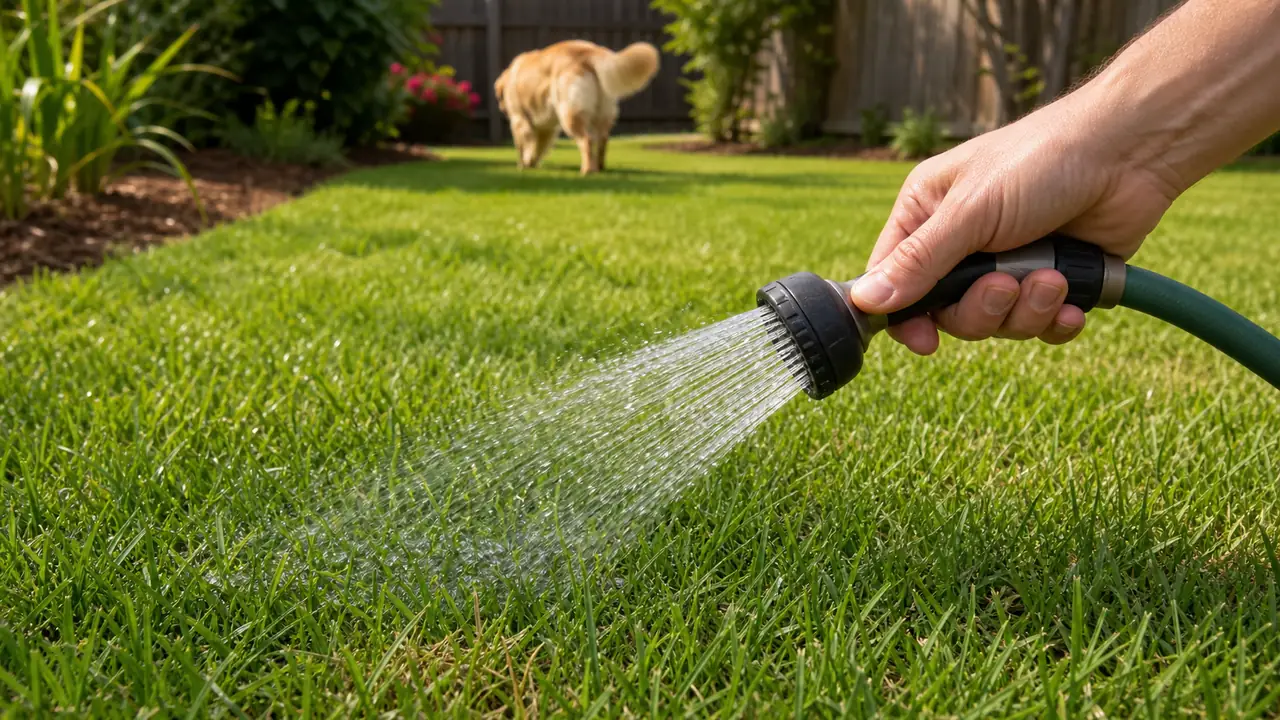 Homeowner using a gentle hose shower to rinse a fresh dog-use area