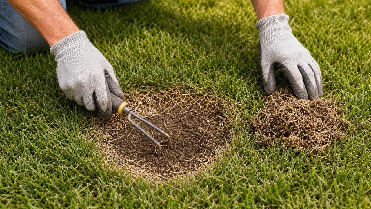Gloved hands raking dead grass from a small circular lawn spot