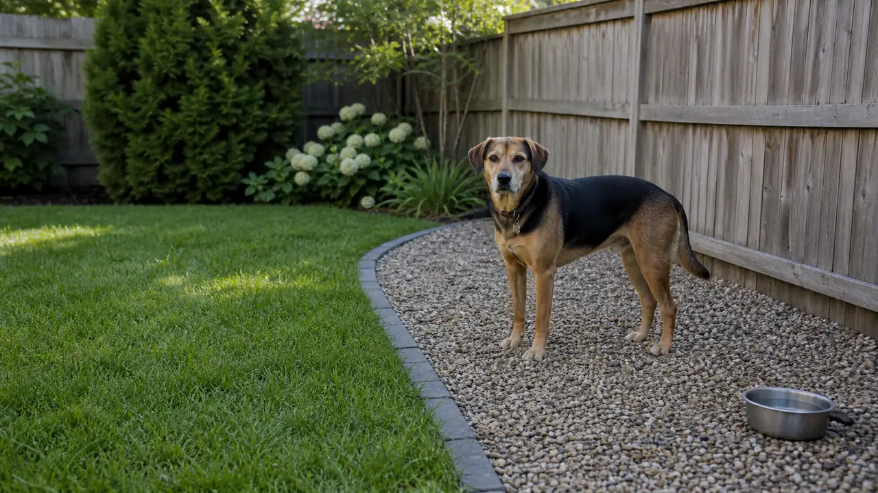 Family dog standing in a pea-gravel area beside a healthy lawn