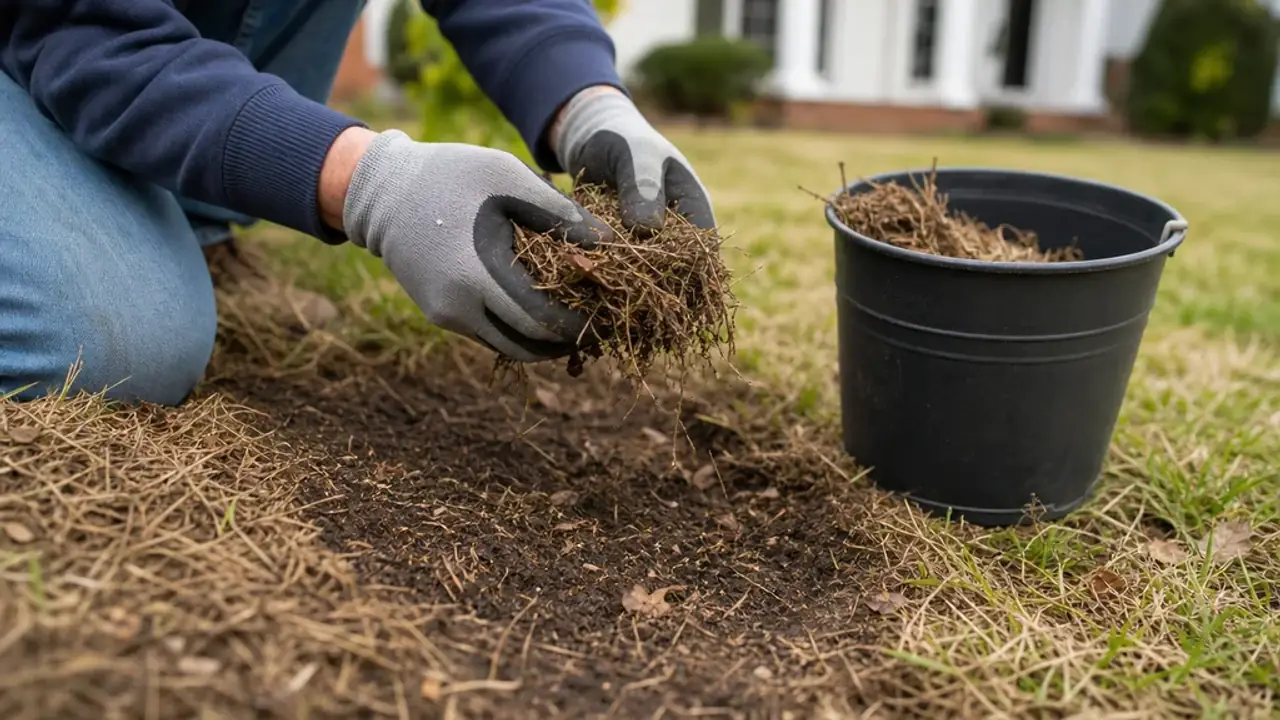 Gloved hands clearing debris from exposed lawn soil