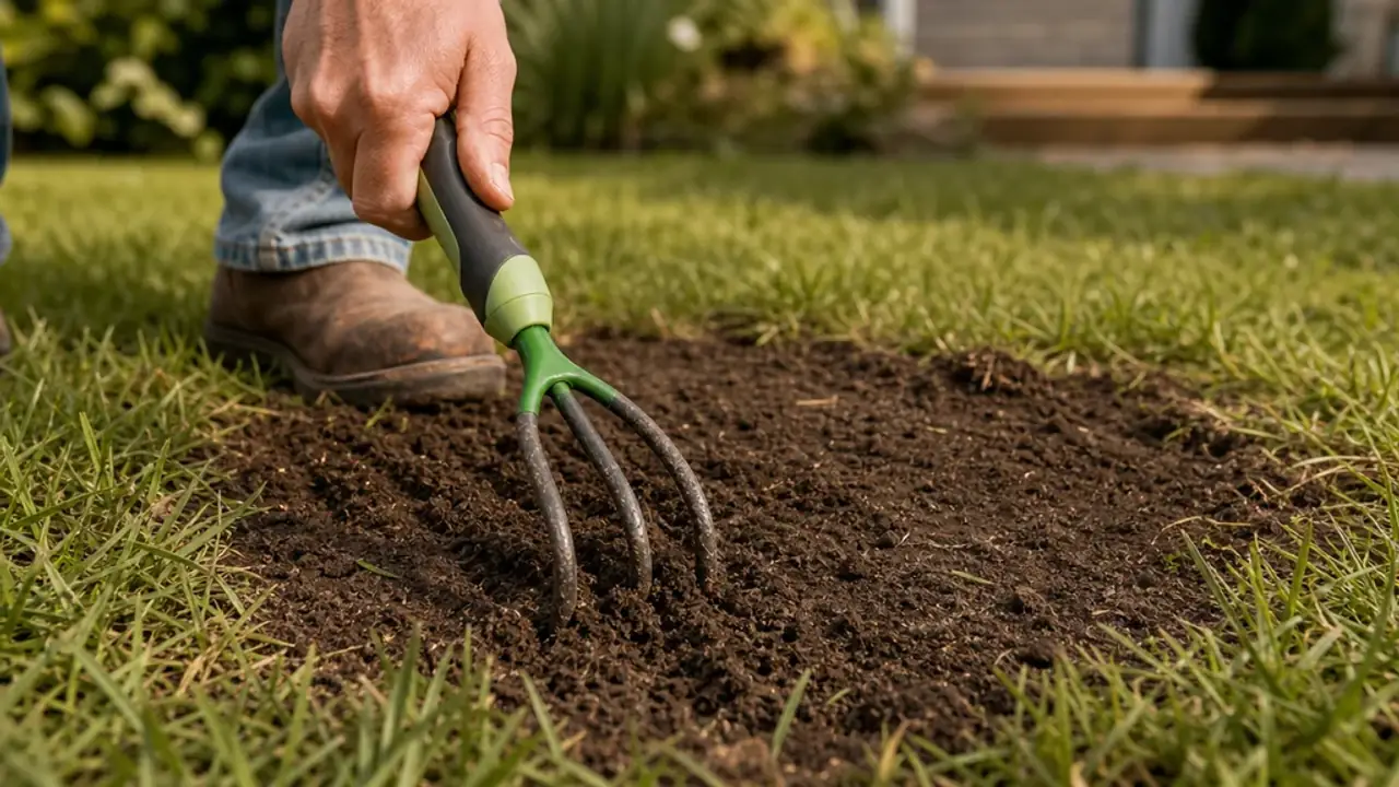 Hand cultivator loosening the surface of a lawn patch