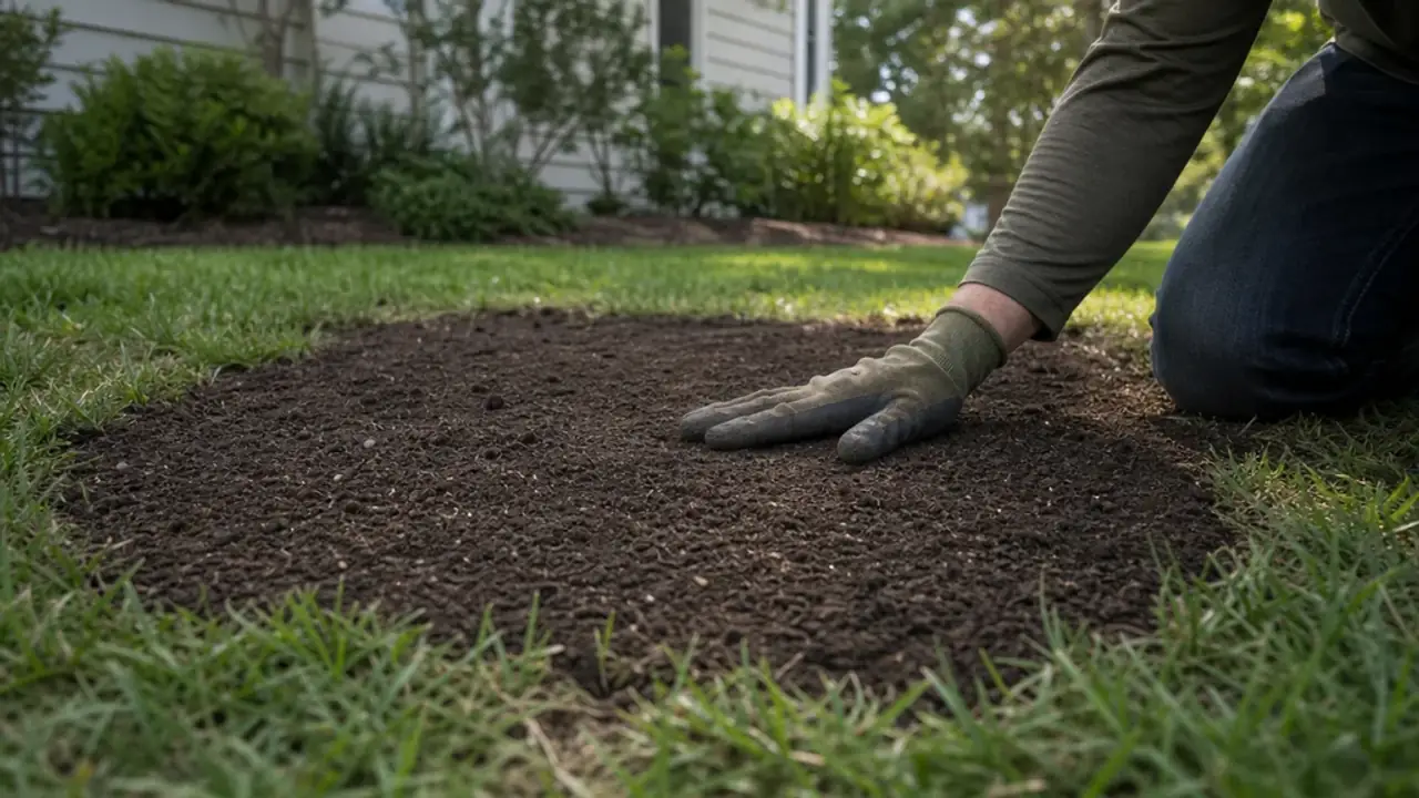 Prepared lawn patch with level, lightly loosened soil