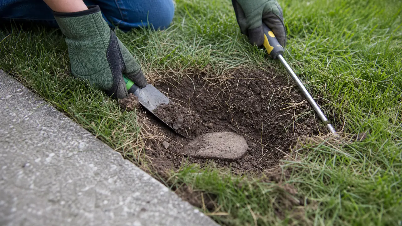 Homeowner uncovering a shallow stone beneath a persistent lawn patch