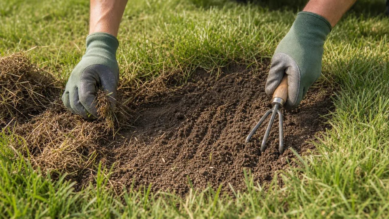 Gloved hands clearing debris and lightly loosening a bare lawn patch