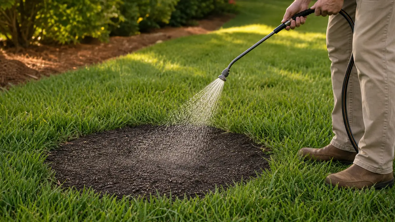 Homeowner applying a gentle shower to a stable prepared lawn patch