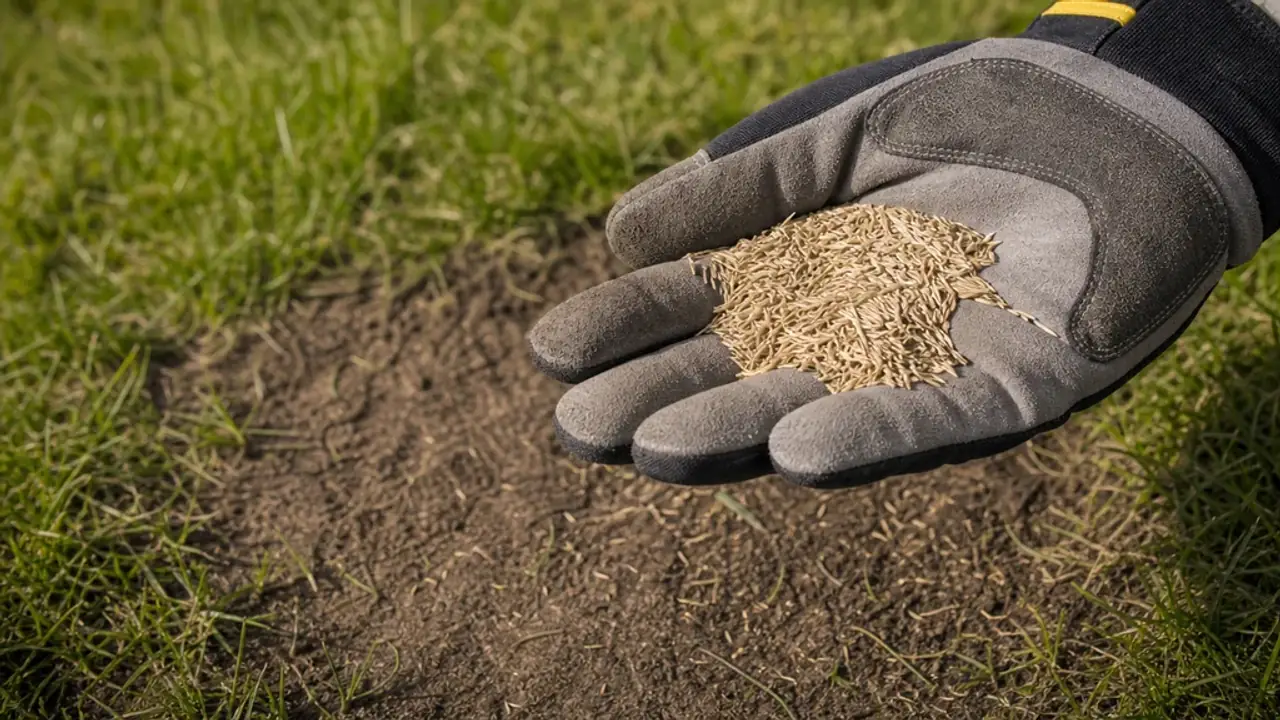 Dry grass seed held above a prepared bare lawn patch