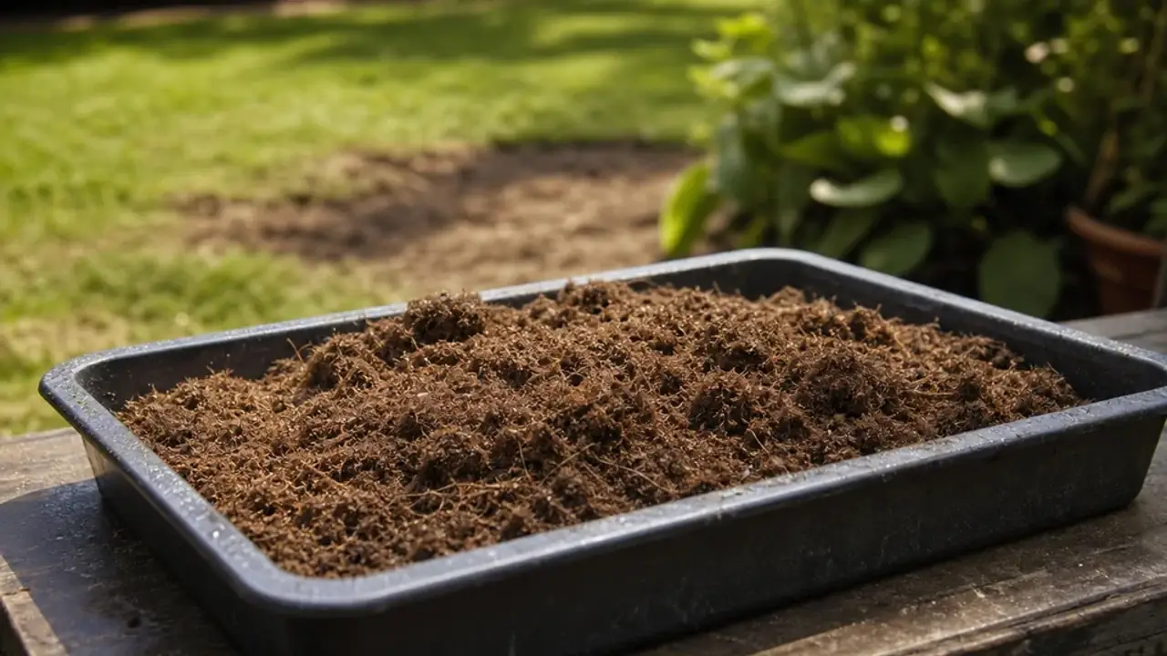Fibrous lawn repair material in an unbranded garden tray