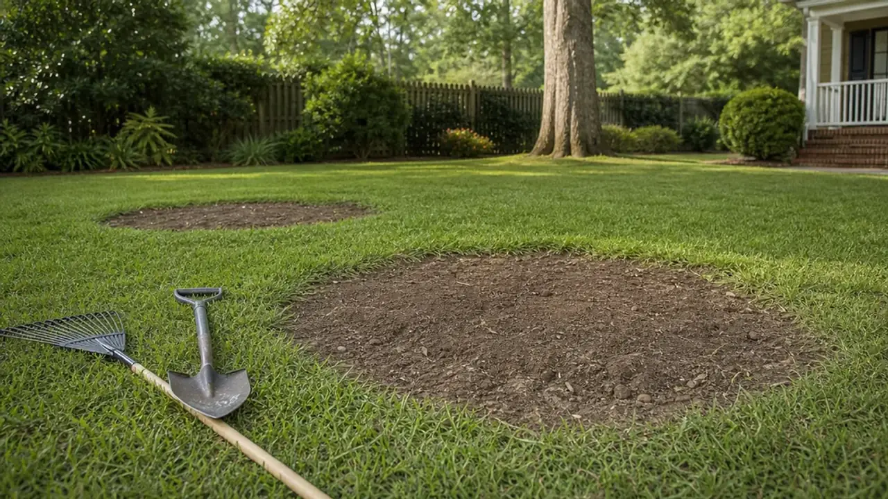 Two prepared bare lawn areas before repair begins