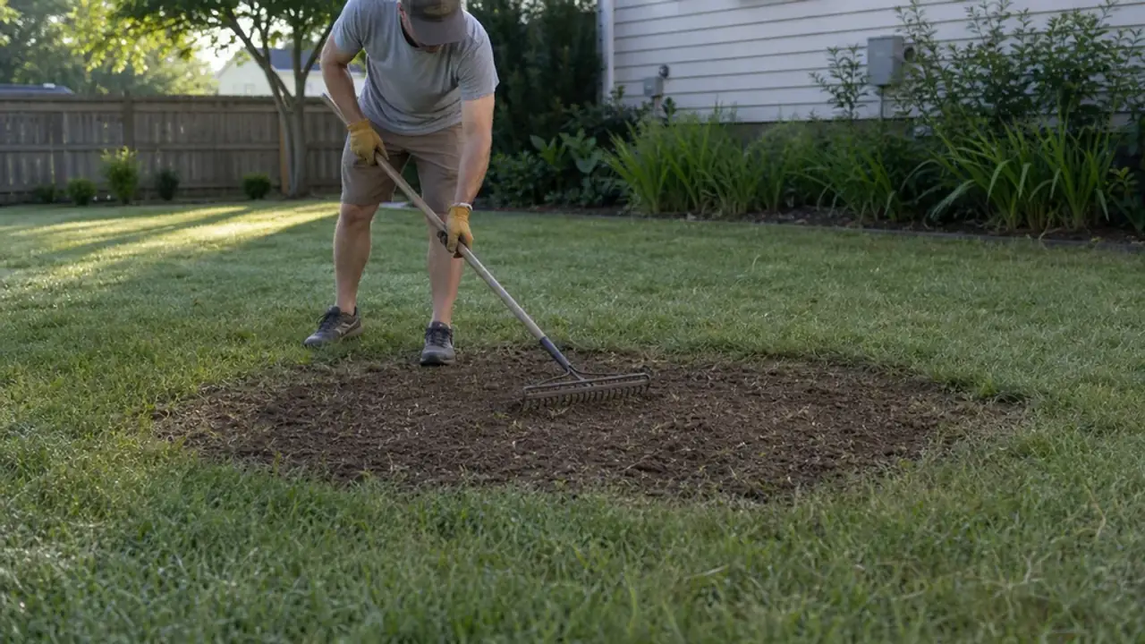 Homeowner preparing a lawn patch in early morning light