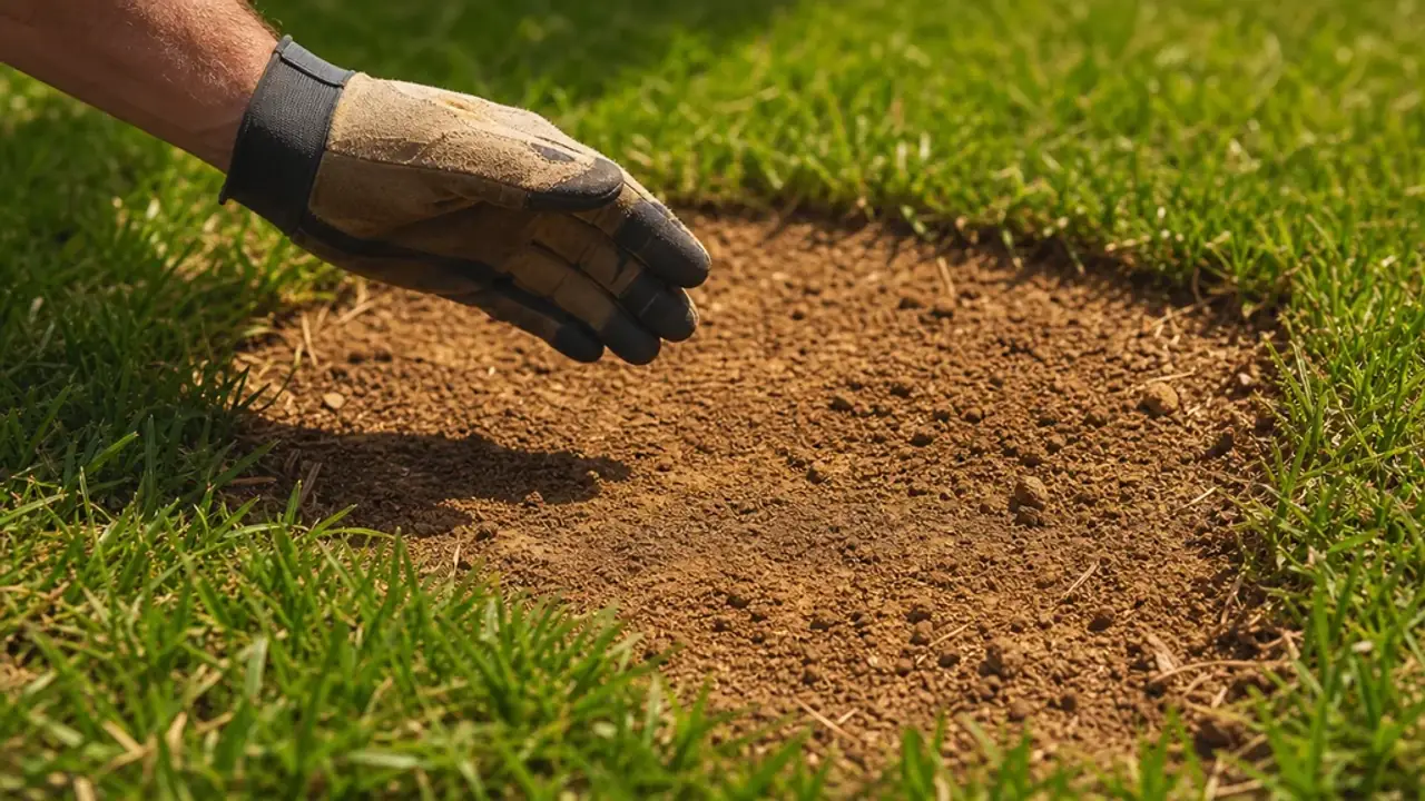 Sun-warmed exposed soil inside a Southern lawn patch