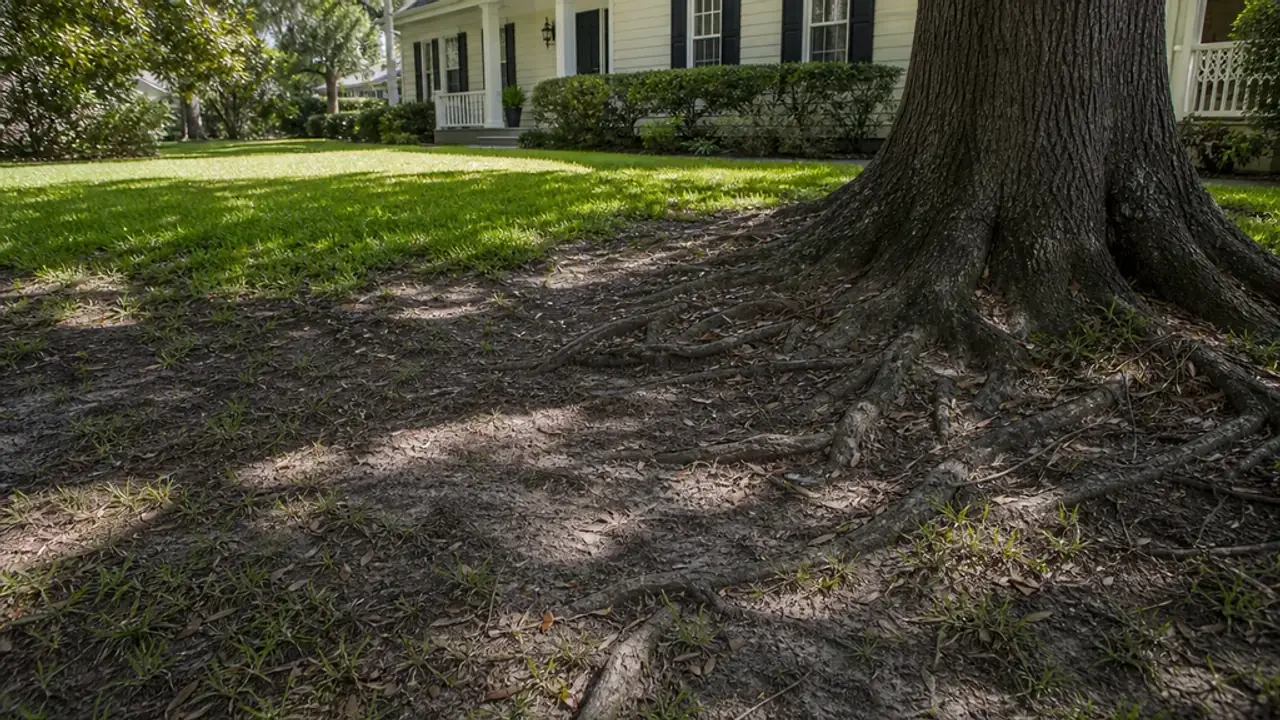Bare lawn area under dense tree shade and exposed roots