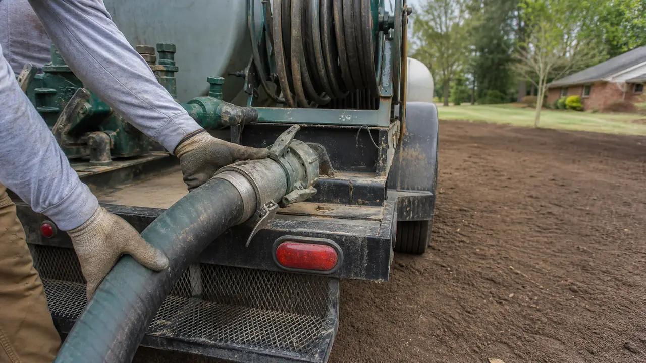 Gloved worker connecting a thick hose to professional hydroseeding equipment