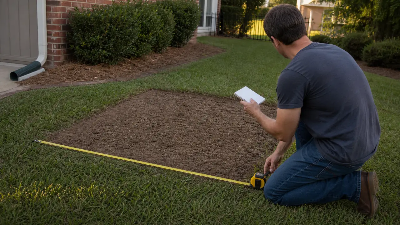 Homeowner measuring a rectangular bare lawn area with a tape measure