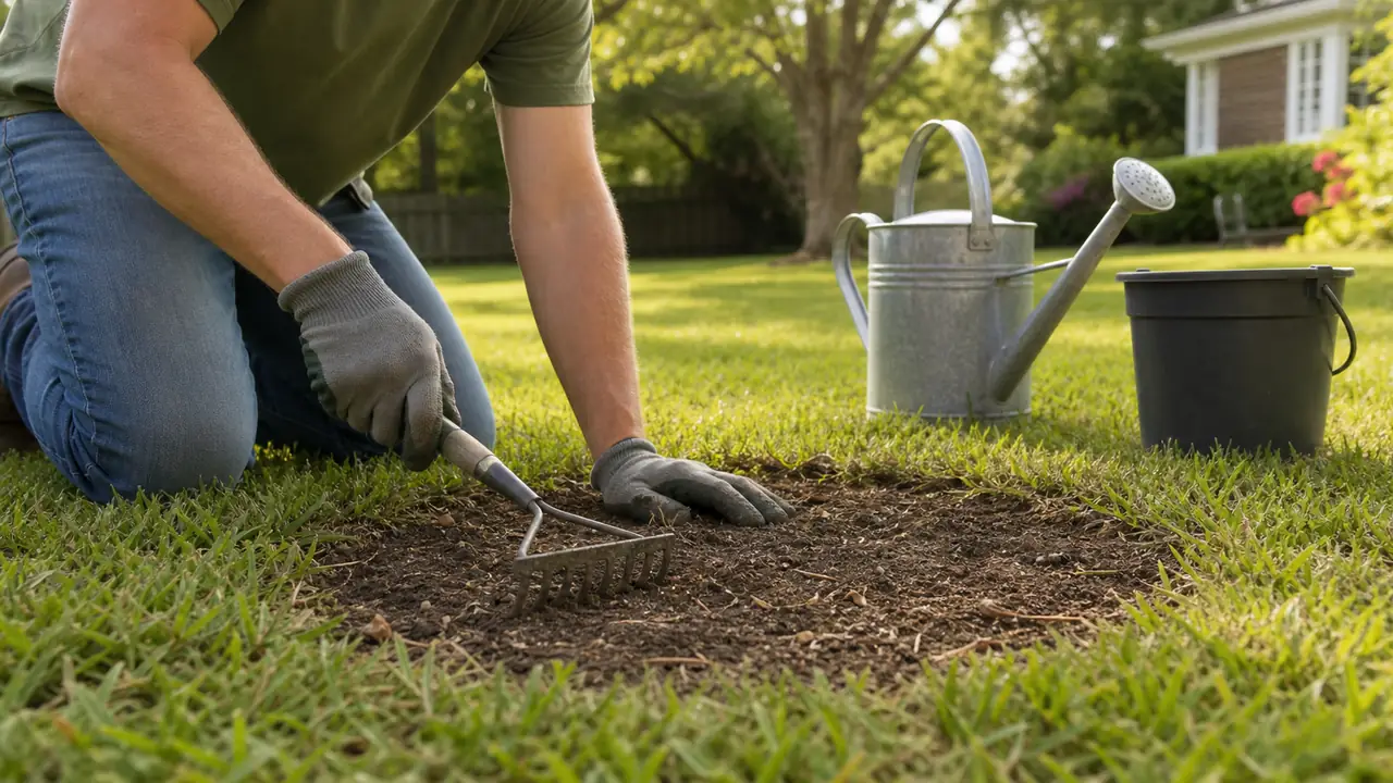 Homeowner lightly raking a small bare lawn patch with simple tools nearby