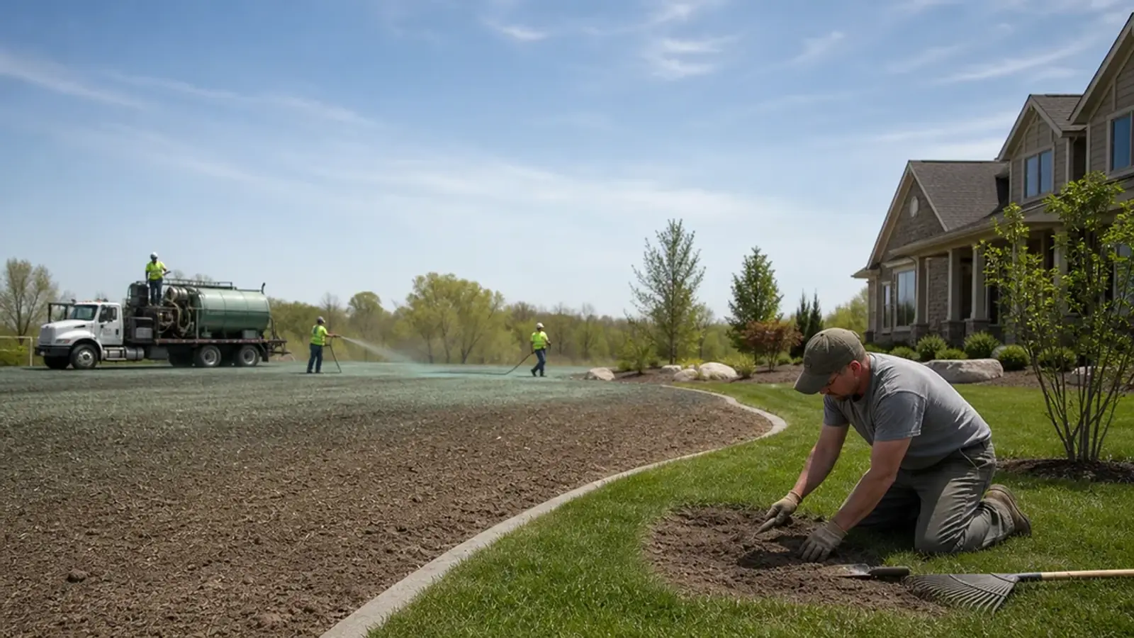 Professional hydroseeding rig and homeowner patch repair shown at different scales