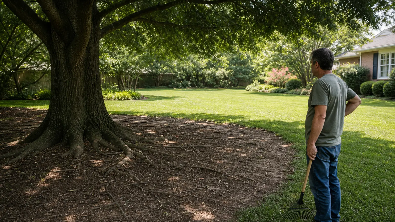 Mature shade tree above a thin lawn with exposed roots and a persistent bare area