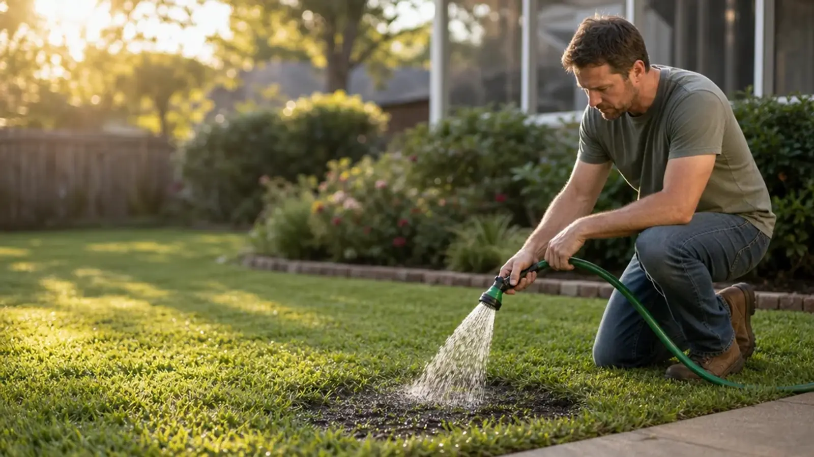 Homeowner gently watering a small repaired patch in morning light