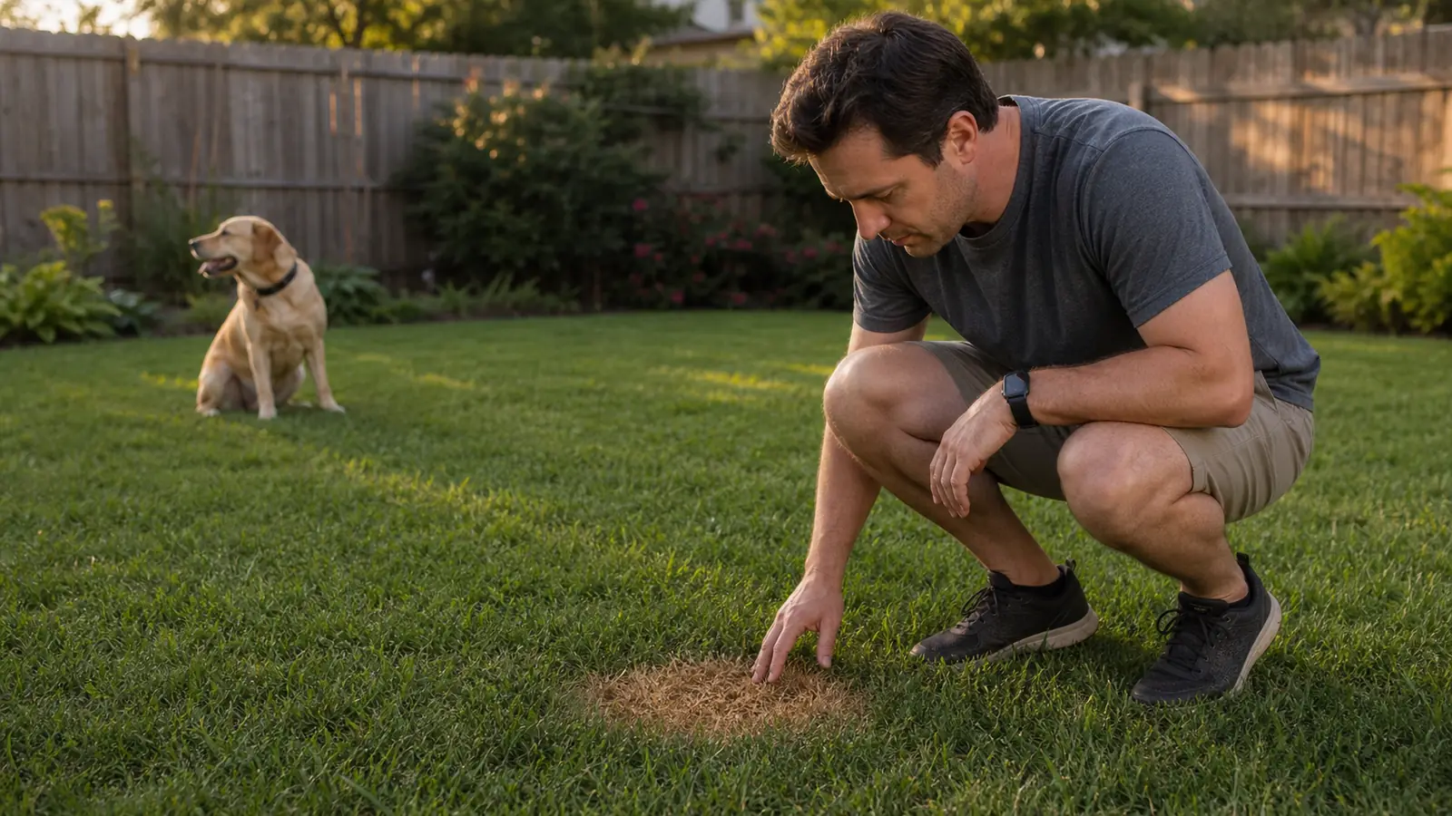 Homeowner inspecting a small circular brown lawn spot while a dog sits nearby