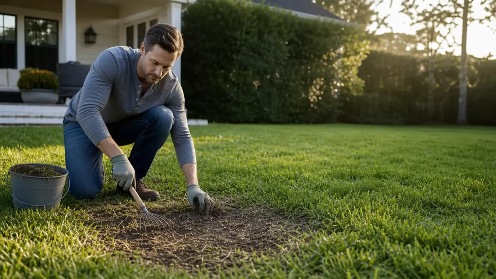 Homeowner preparing compacted soil in a bare lawn patch