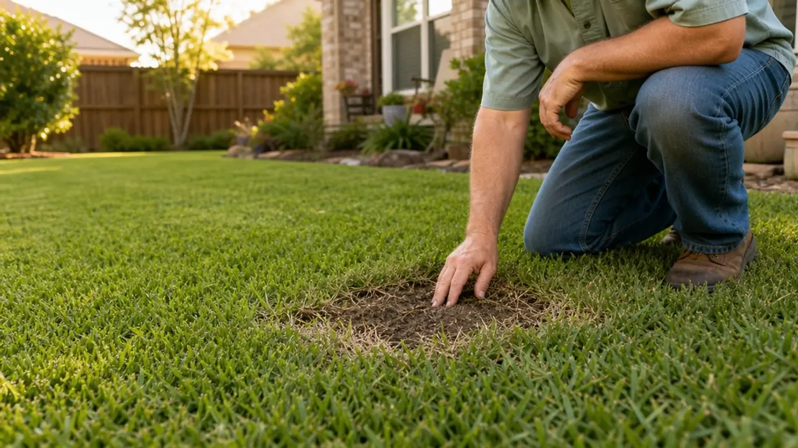 Homeowner inspecting a bare spot in a Southern lawn