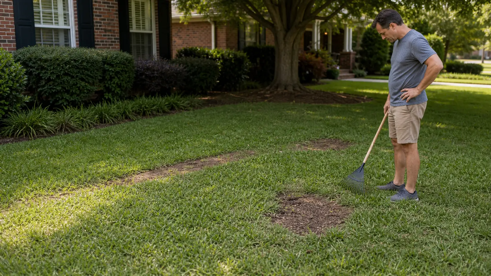 Homeowner inspecting several small bare areas in a Southern lawn