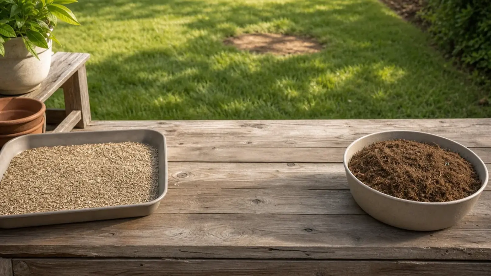Unbranded dry seed and fibrous lawn repair material on an outdoor workbench