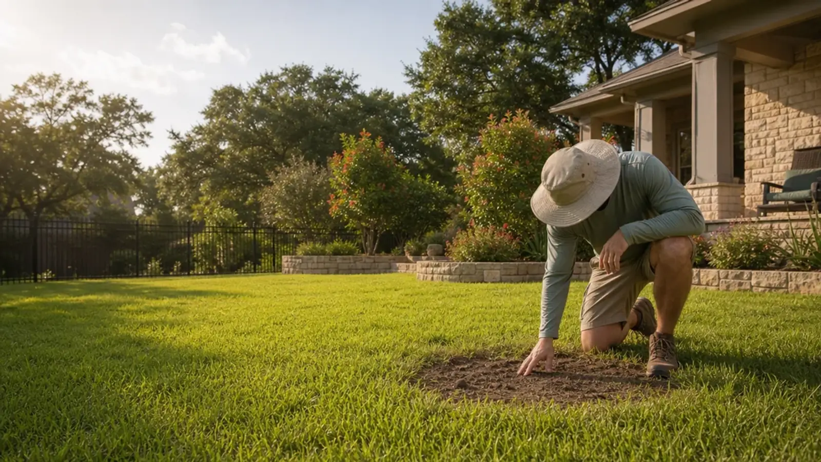 Homeowner checking a small lawn patch on a warm Southern morning