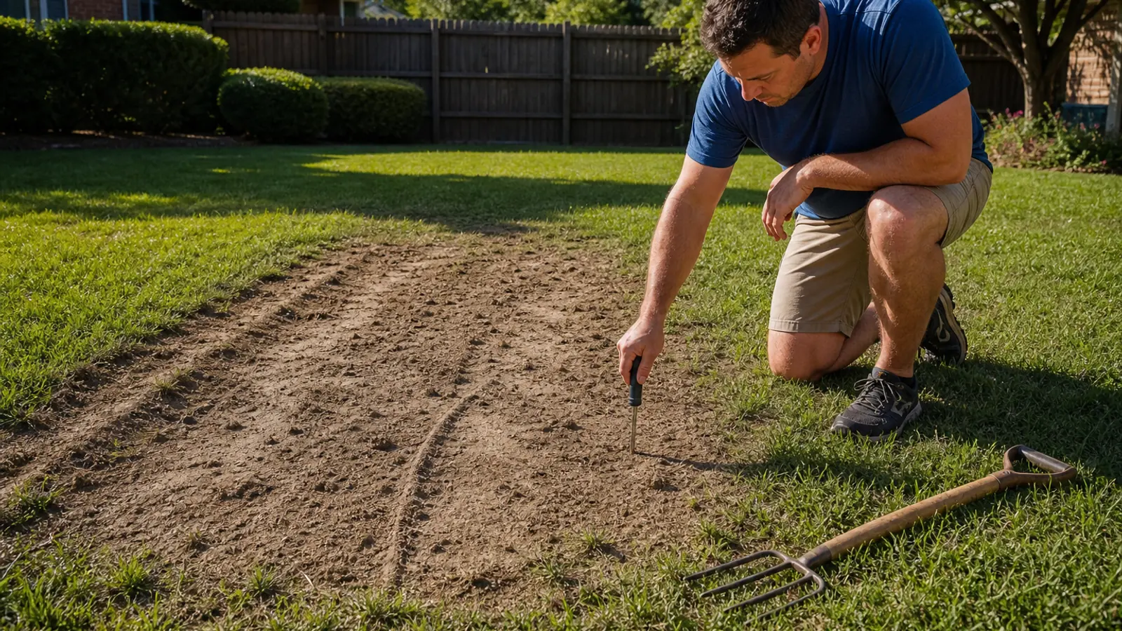 Homeowner inspecting compressed bare soil where a temporary backyard structure had been