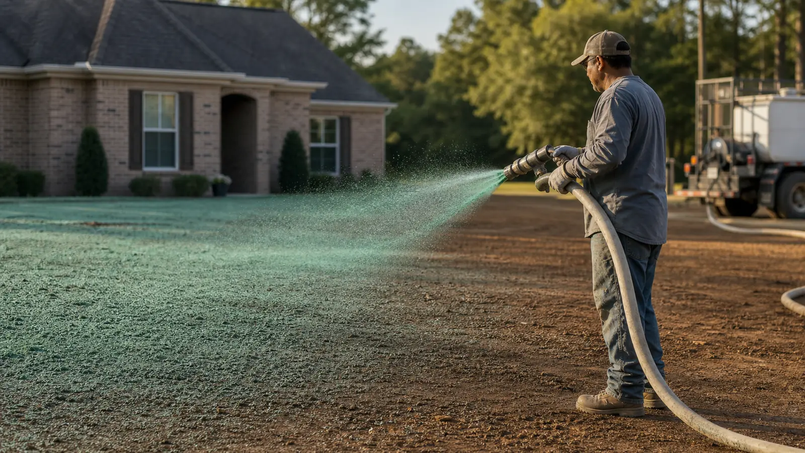 Landscaping worker applying professional hydroseed across prepared residential soil