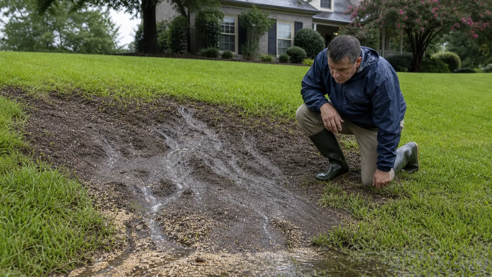 Homeowner inspecting a newly seeded lawn patch after heavy rain moved soil downhill