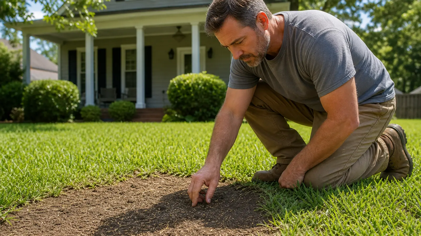 Homeowner closely inspecting a seeded lawn patch that remains bare