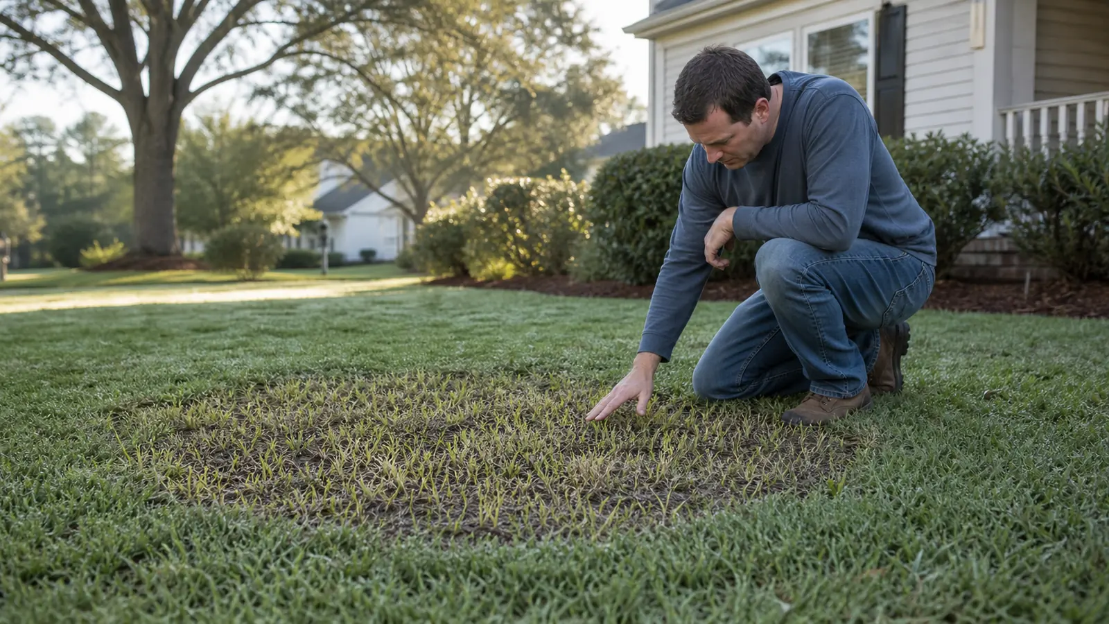 Homeowner comparing healthy green seedlings with a yellowing area in a repaired lawn patch