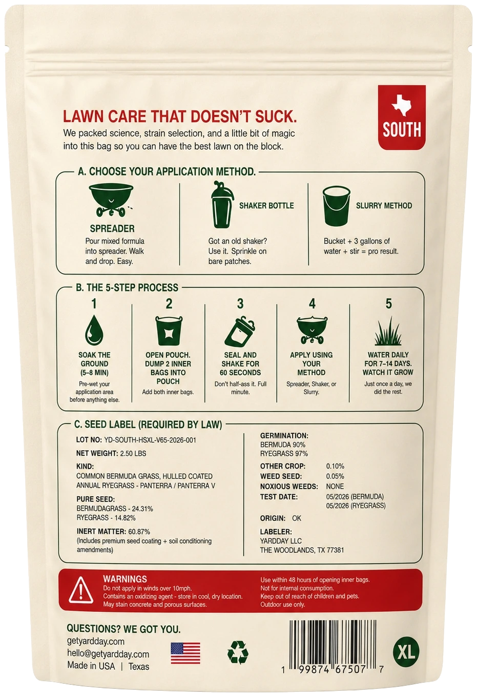 YardDay South XL back pouch with seed label and directions